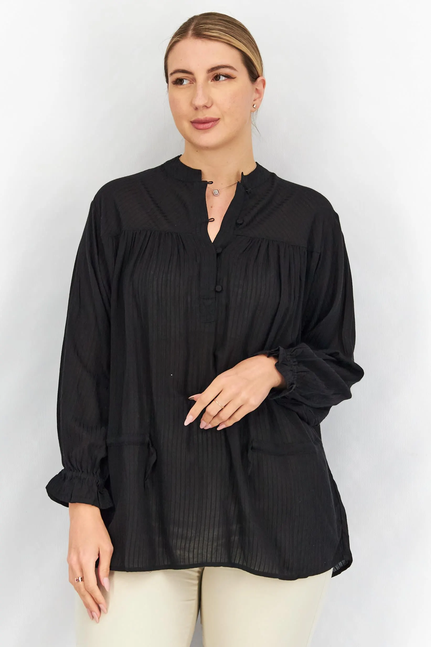 Women Crew Neck Long Sleeve Plain Top, Black