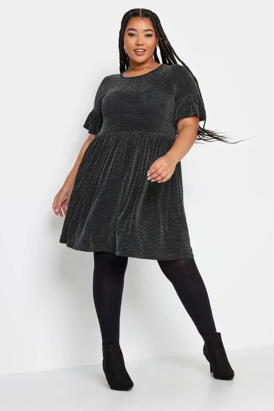 YOURS Curve Black & Silver Glitter Frill Sleeve Tunic Dress