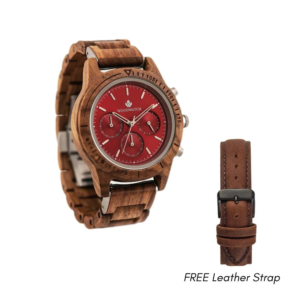 WOODWATCH MEN'S CHRONUS RUBY SILVER WW-CS-RS W/ FREE STRAP WW-S-PE-18