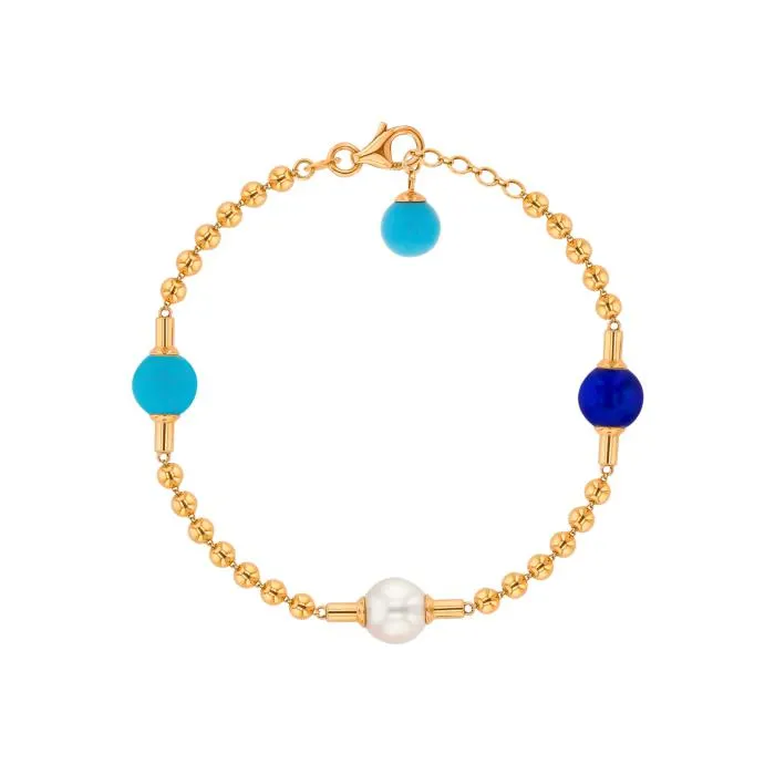 Kiku Glow Bracelet in 18K Yellow Gold With Two Turquoise Stones, a Lapiz Lazuli Stone and a Freshwater Pearl on a Chain of Golden Beads