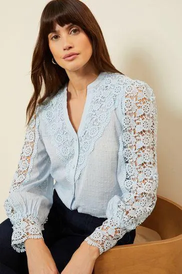 Love & Roses Lace Sleeve V Neck Cotton Dobby Blouse