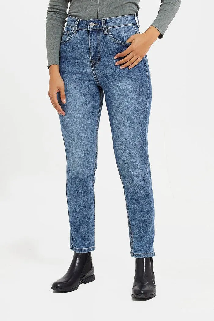 Women Blue High Waist Mom Jeans