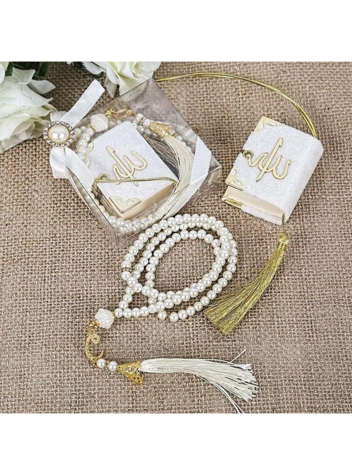 Gift Mini Quran, Pearl Rosary Tasbih Square Box Set-White