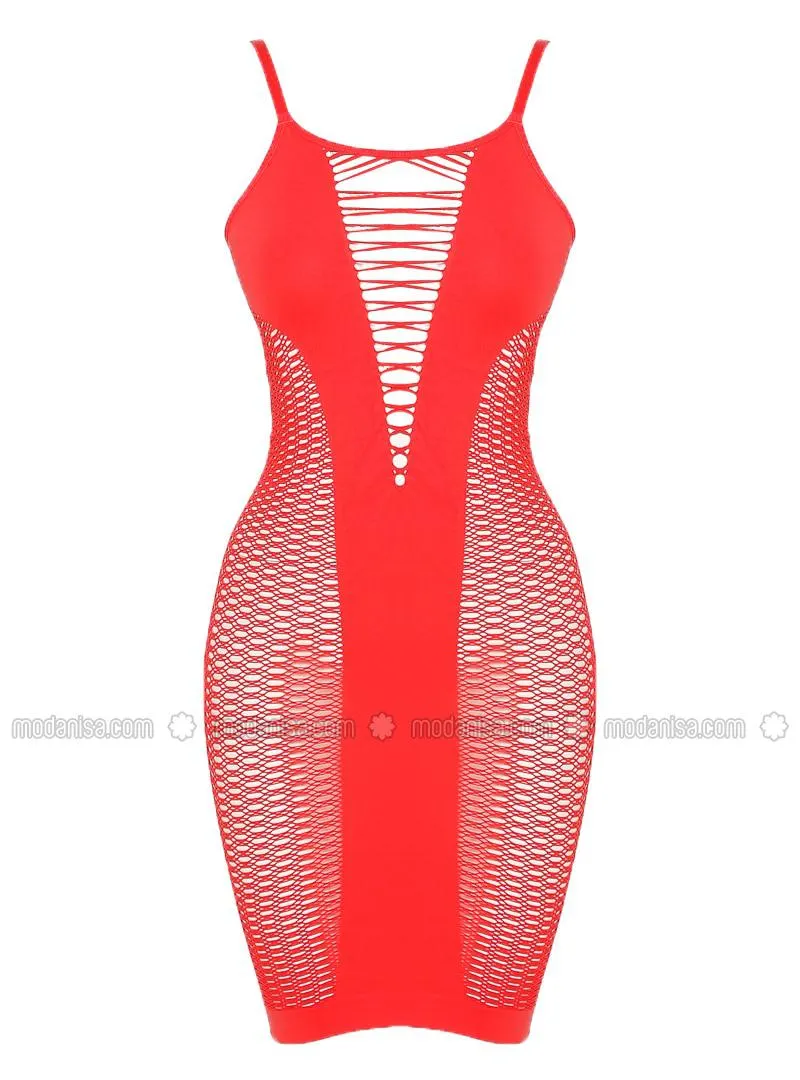 Red - Crew neck - Nightdress