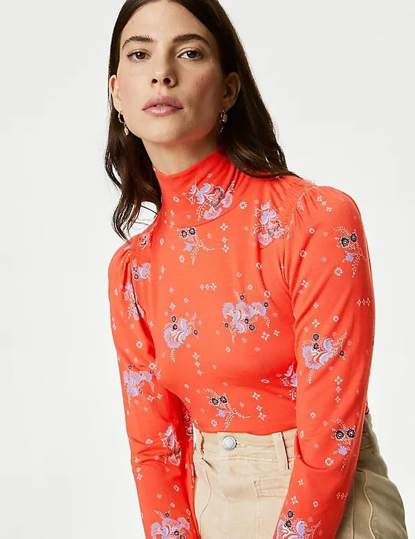 Modal Rich Printed Shirred High Neck Top