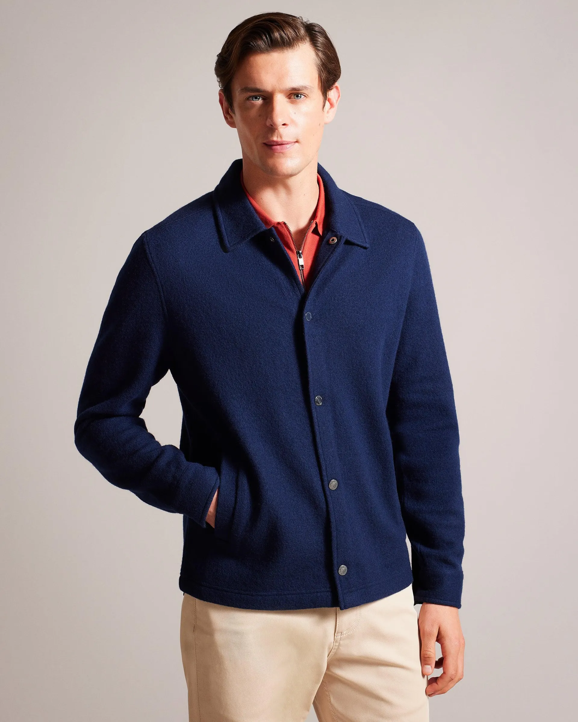 Eason Long Sleeve Button Through Wool Jacket Navy