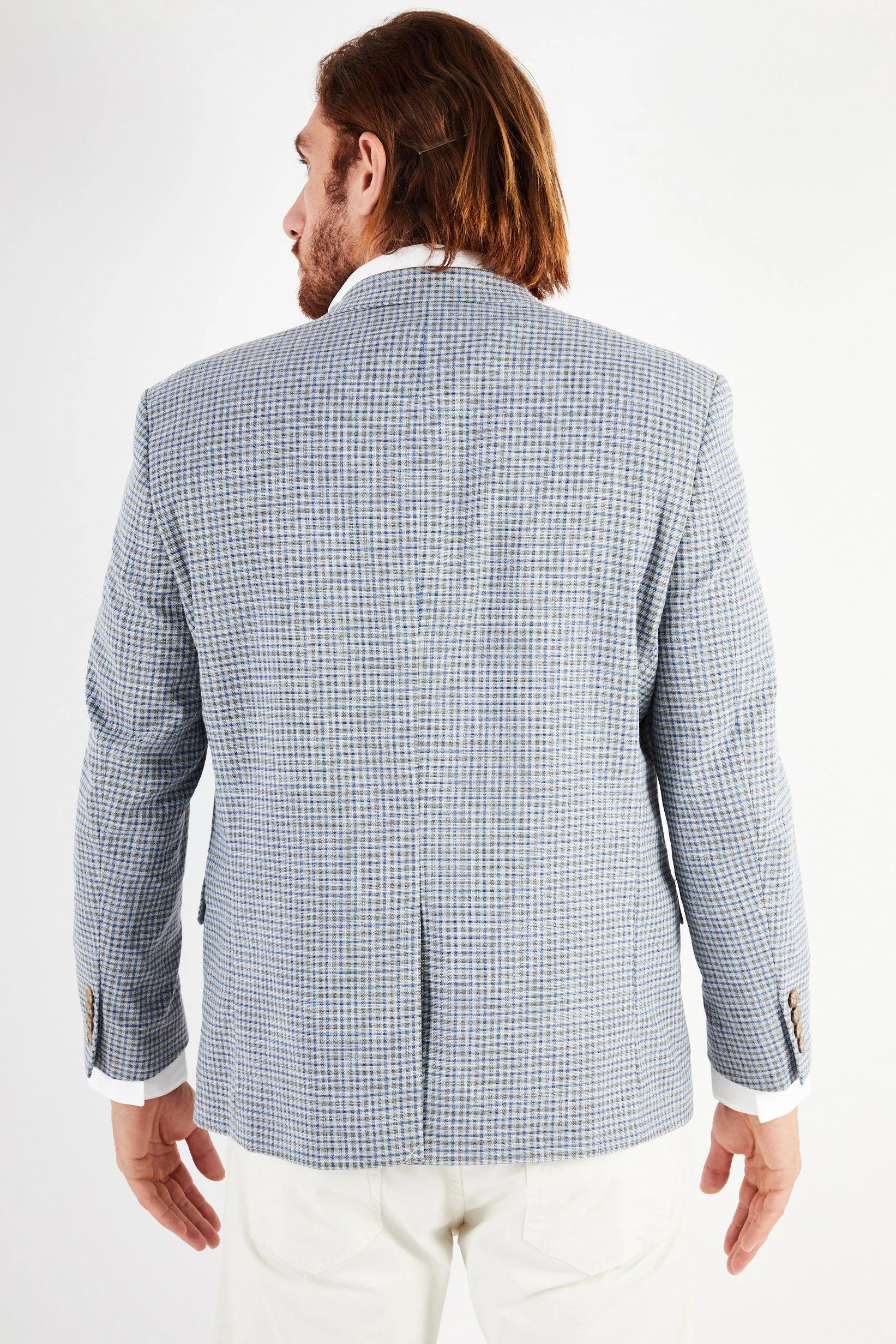 Men Regular Fit Notch Collar Long Sleeve Checkered Blazer, Blue/Grey