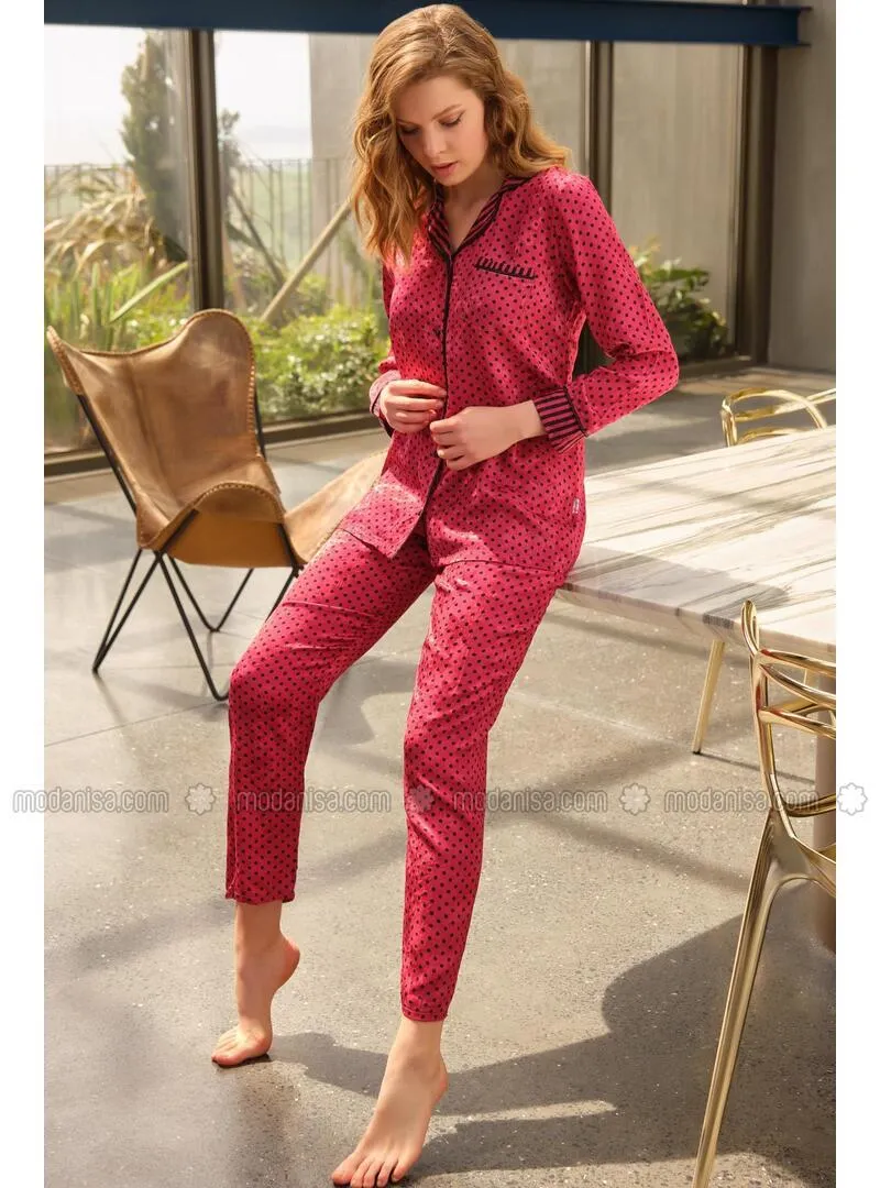 Maroon - V neck Collar - Polka Dot - Pyjama Set