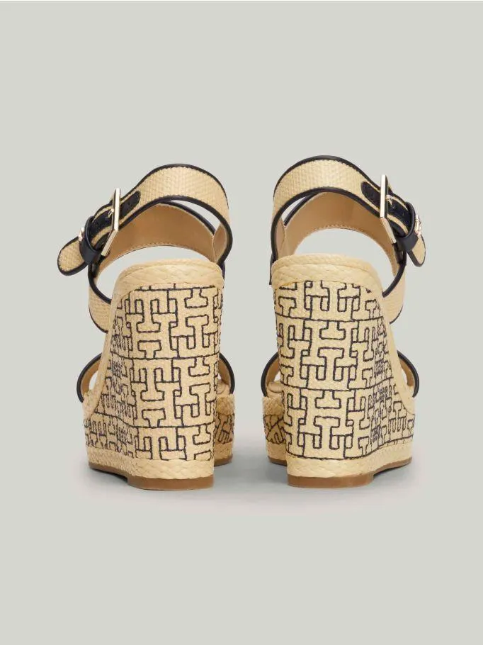 TH Monogram Raffia Wedge Platform Sandals