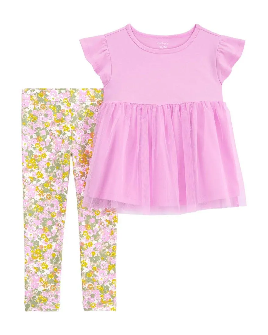 2-Piece Tulle Top & Floral Leggings Set