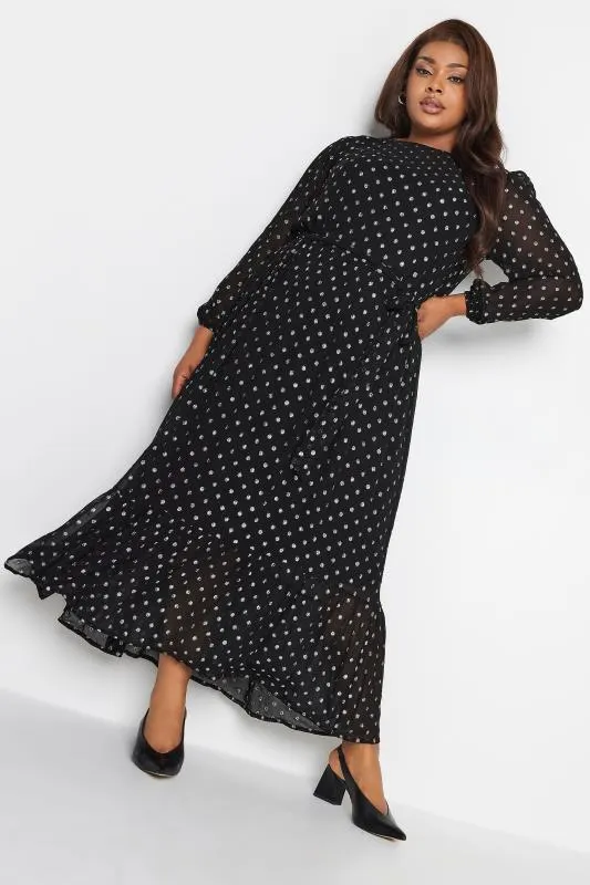 YOURS LONDON Curve Black Metallic Spot Print Smock Maxi Dress