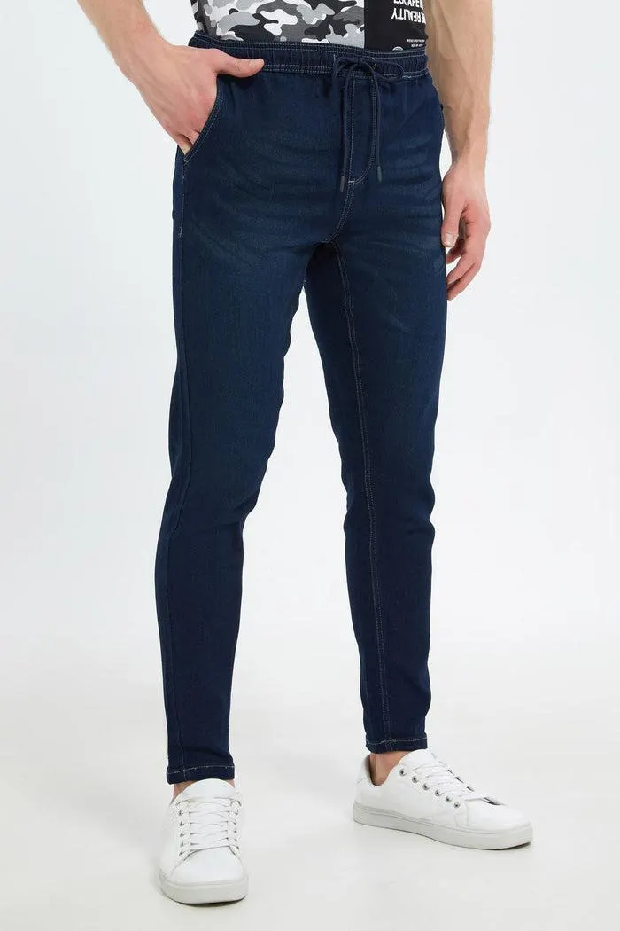 Men Navy Pull-On Denim Jeans
