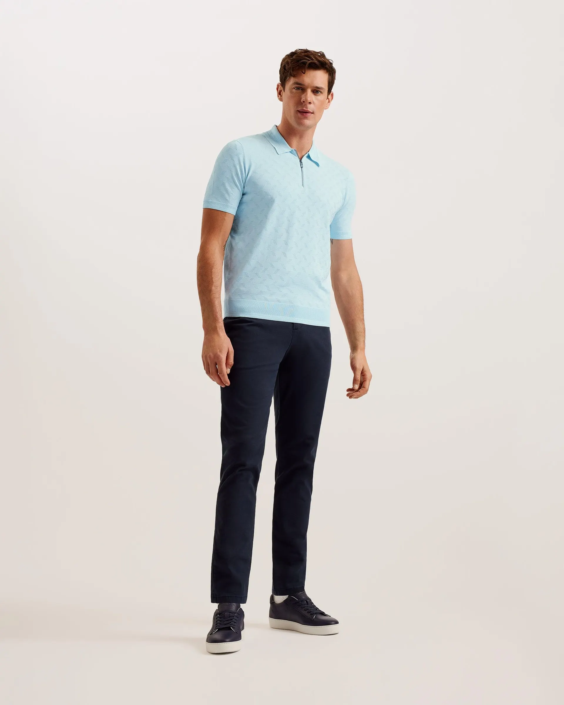 Palton Textured Knit Zip Polo Shirt Pl-Blue
