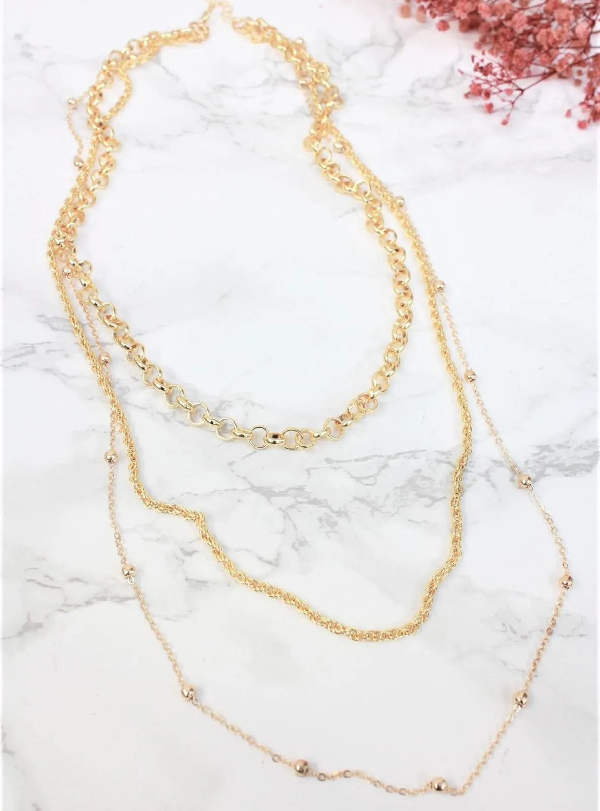 Gold Color Plated 3 Pieces Long Chain Bijouterie Necklace Gold Color