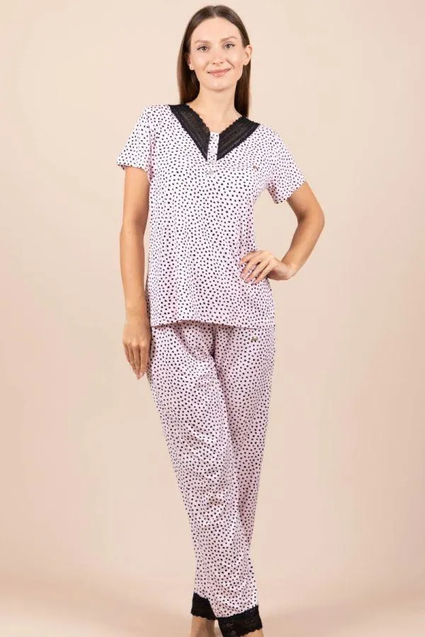 Ladies Pink Black Spot Lace PJ
