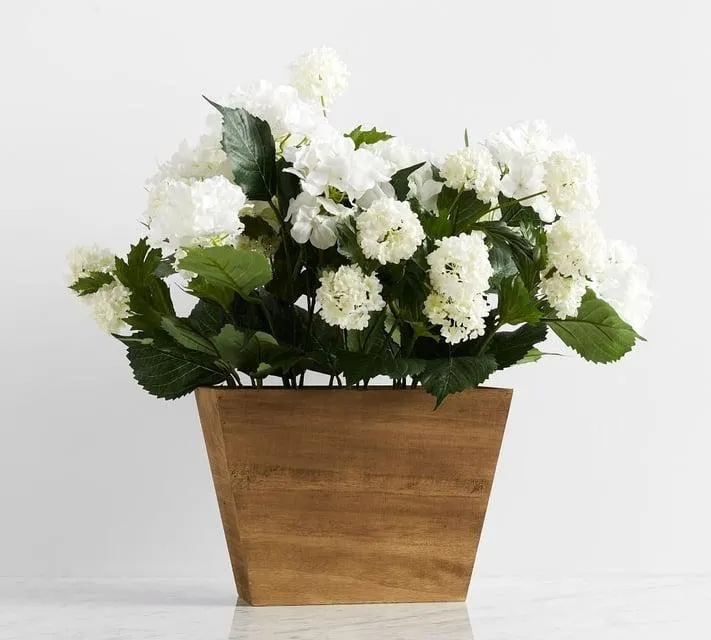 Faux Snowball Hydrangea Flower Arrangement In Wood Planter