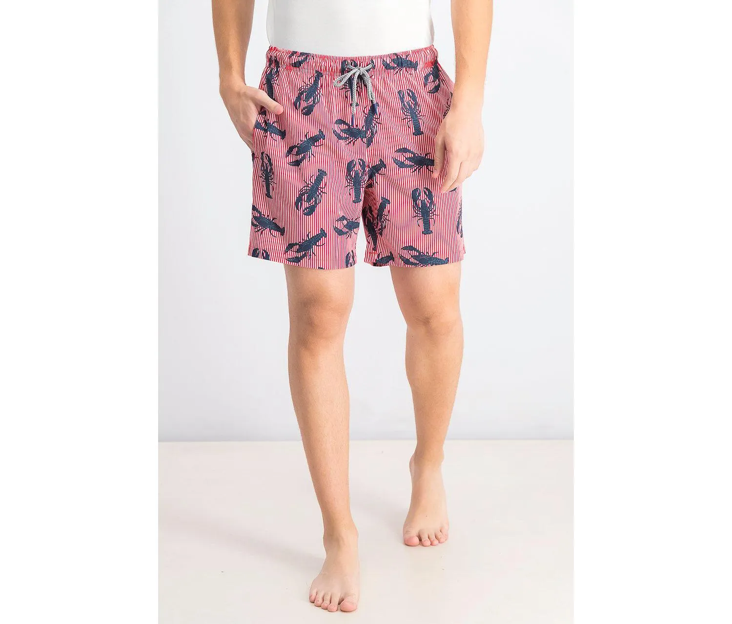 Men Rock Lobsters Striped Swim Trunks, Ribbon Red