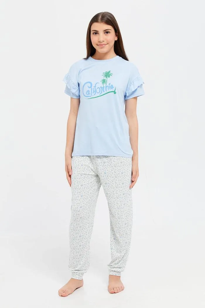 Senior Girls Blue Ruffled Printed Pyjama Sets (2 Piece)