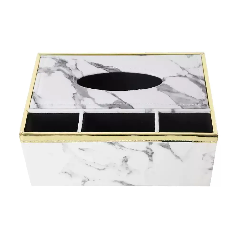 PU Leather Rectangular Tissue Holder Box, Tissue Box With Stationery and Remote Holder- White