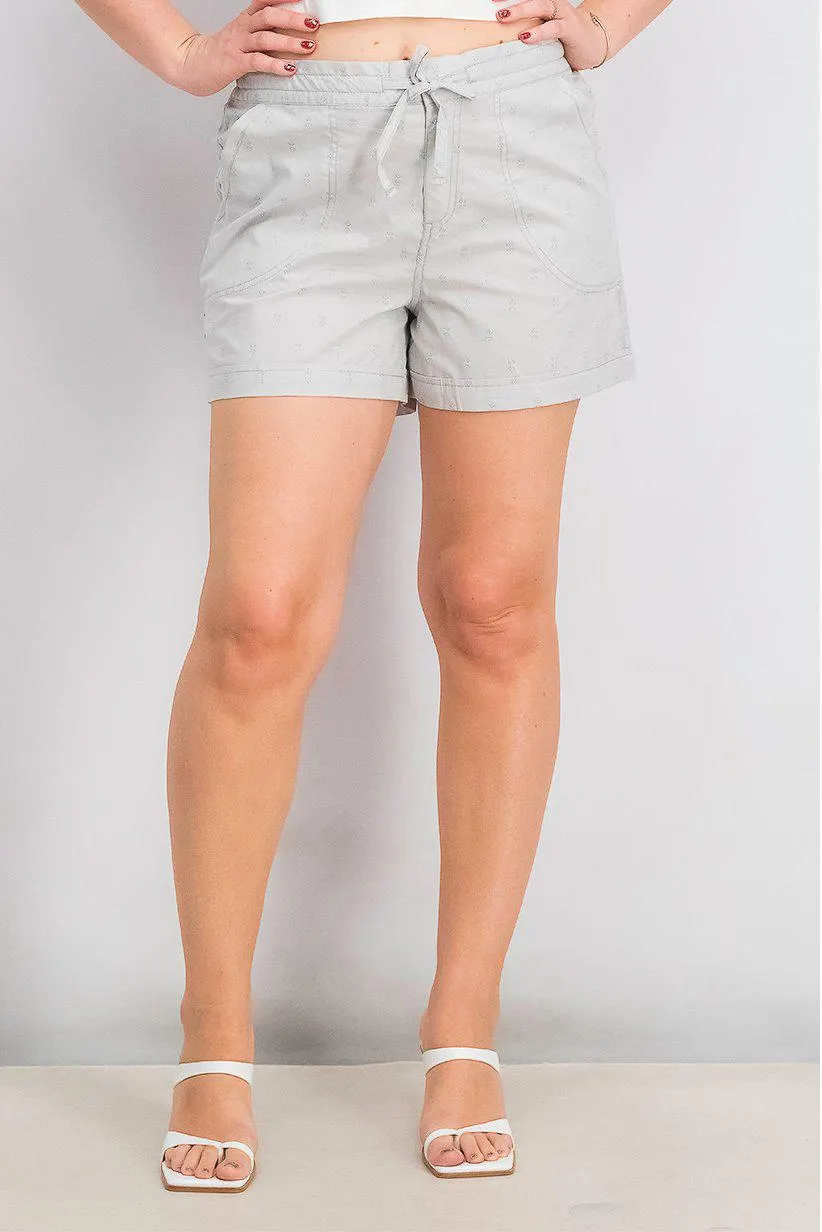 Women Printed Drawstring Basic Shorts, Cloudy Grey