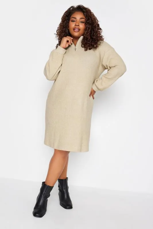 YOURS Curve Stone Brown Soft Touch Ribbed Zip Jumper Dress