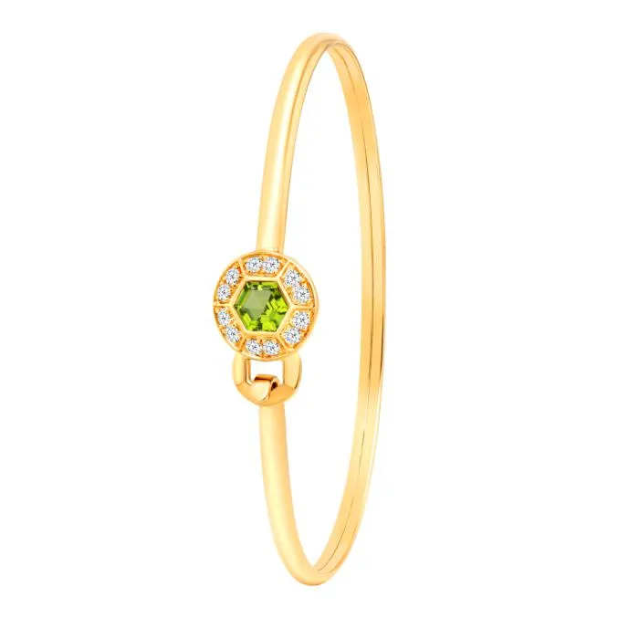 Kanzi Bangle In 18K Yellow Gold And Studded With Green Peridot And Diamond