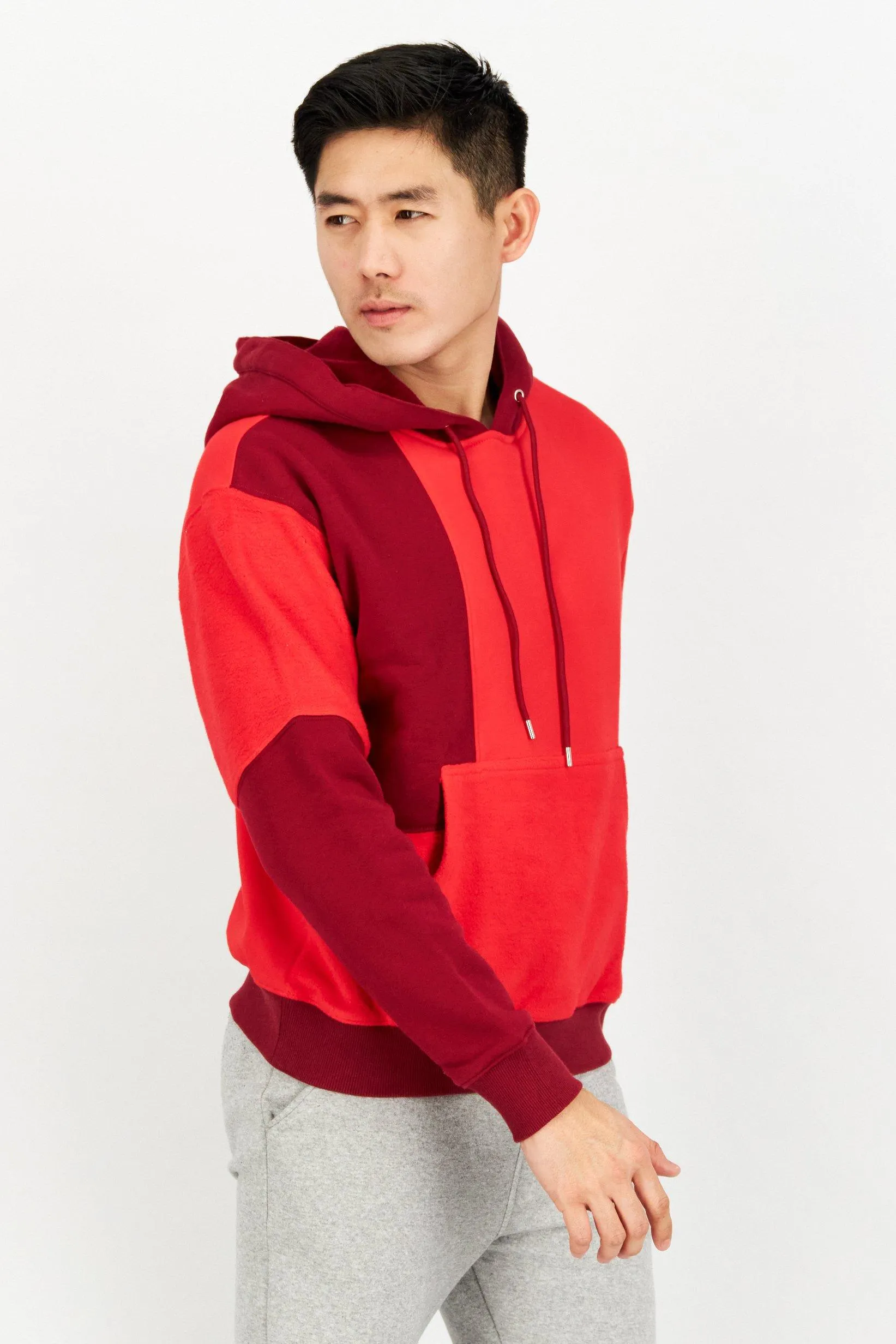 Men Hooded Long Sleeves Colorblock Sweatshirts, Red Combo