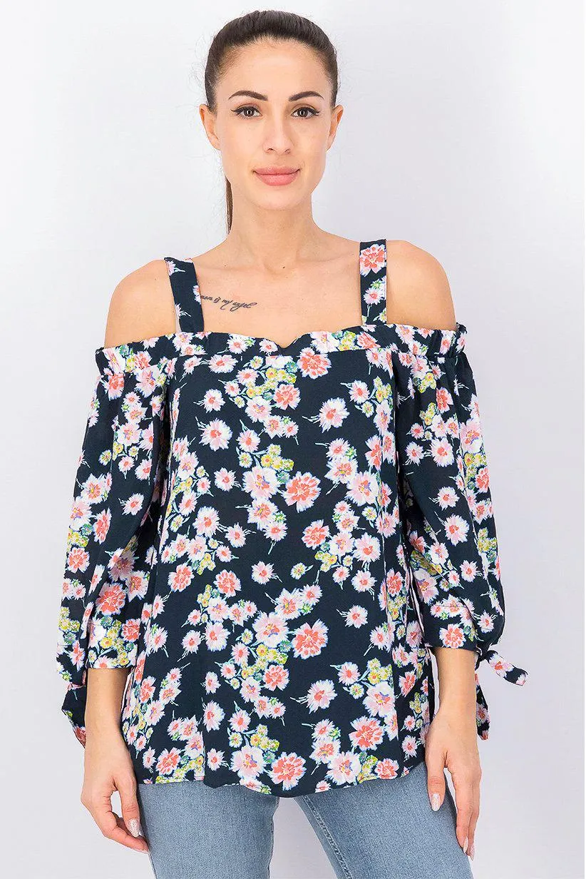 Women Floral Print Off The Shoulder Top, Navy Combo