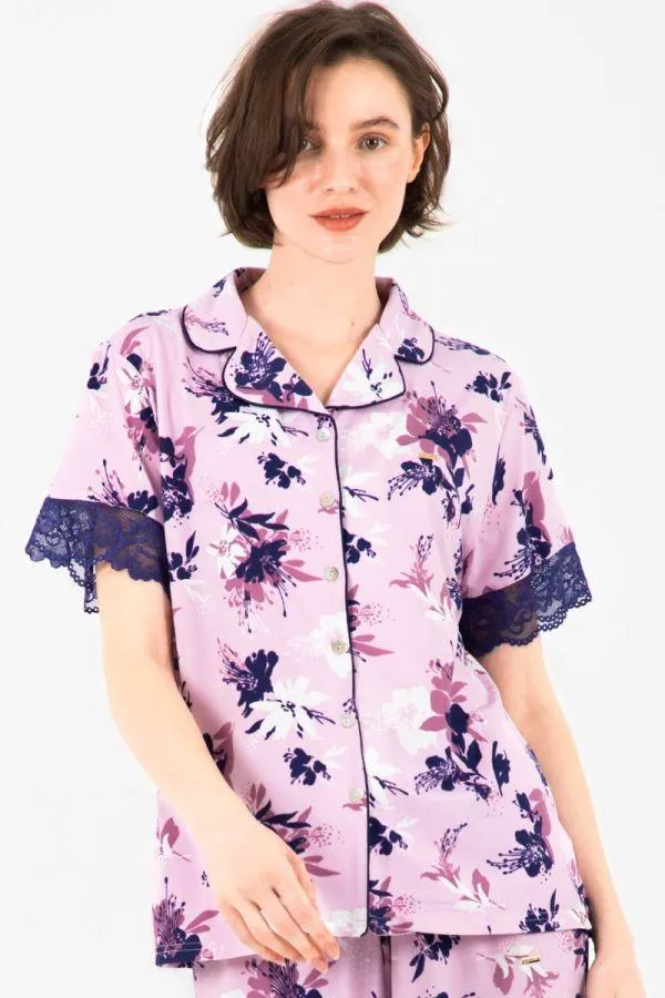 Ladies Lilac Floral Lace Button Through Top