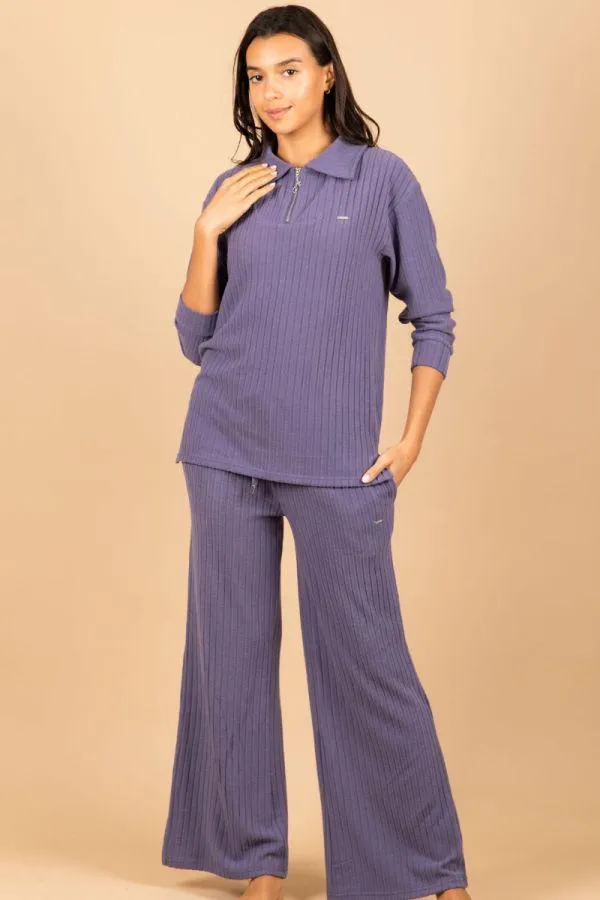 Ladies Dark Purple Zip Up Lounge Set