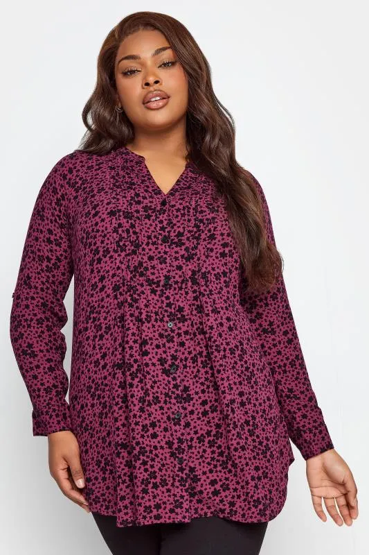 YOURS Curve Berry Red Floral Pintuck Shirt