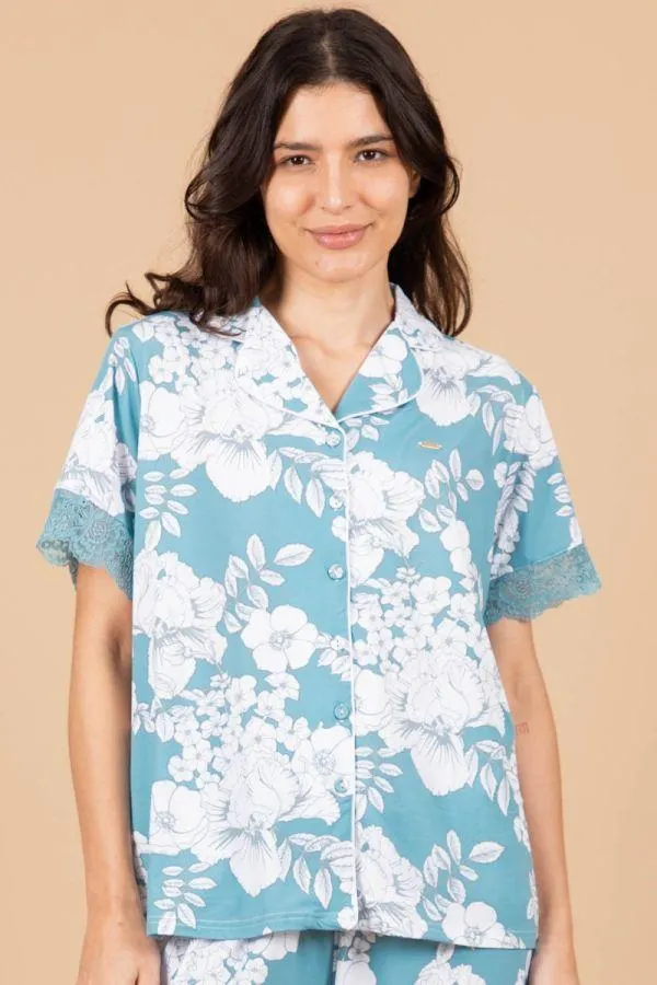 Ladies Teal Floral Button Through Top