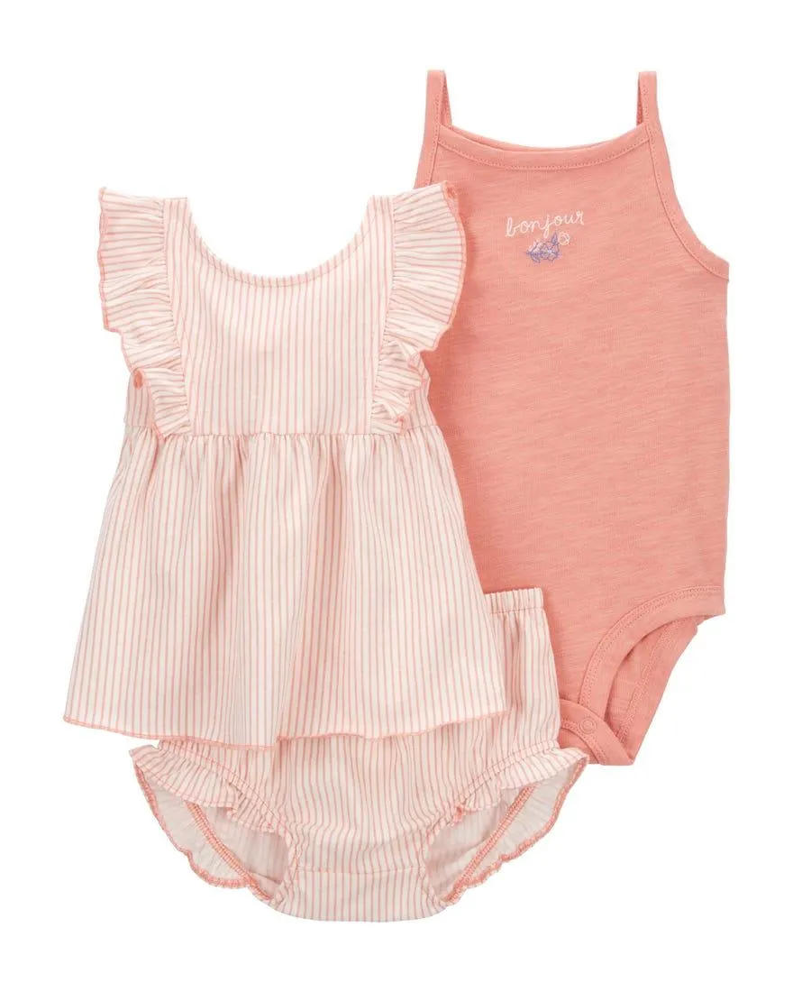 3-Piece Striped Top and Shorts Set - Pink