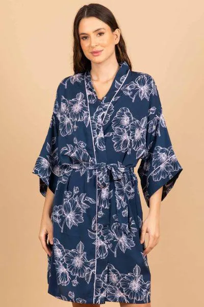 Ladies Navy Sketchy Floral Robe