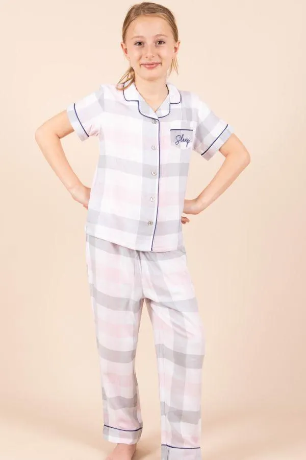 Girls Pink Grey Check Button Through PJ