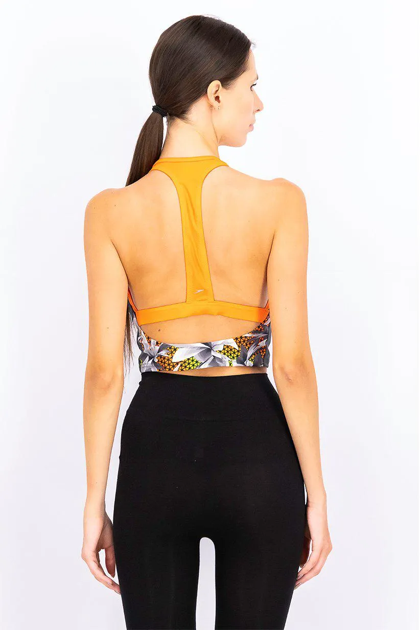 Women Graphic Print Bikini Top, Grey and Black and Orange