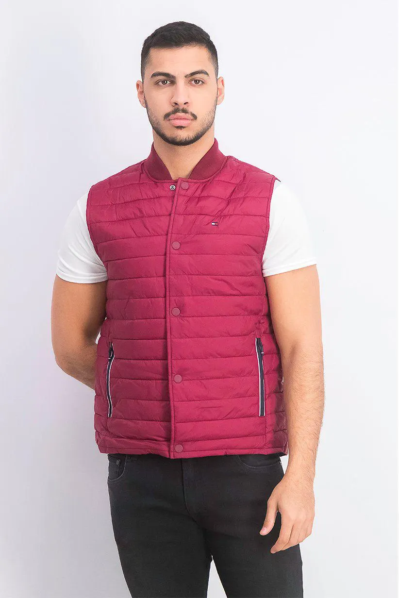 Men Button Closure Sleeveless Quilted Jacket, Maroon