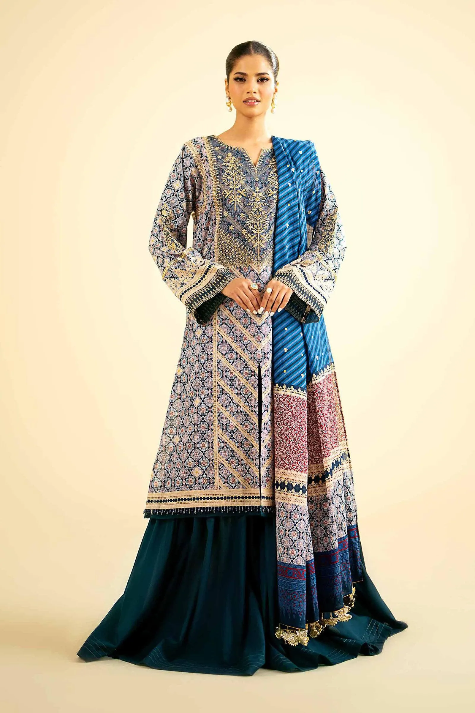 3 Piece - Gold Printed Embroidered Suit - 42401905