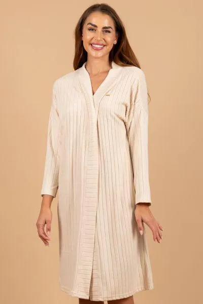 Ladies Beige Rib Knit Cardigan