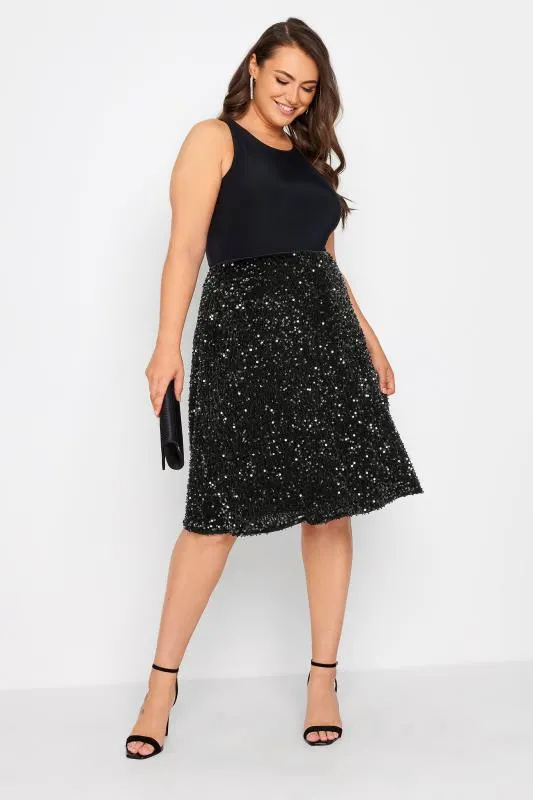 YOURS LONDON Curve Black Velvet Sequin Skater Skirt