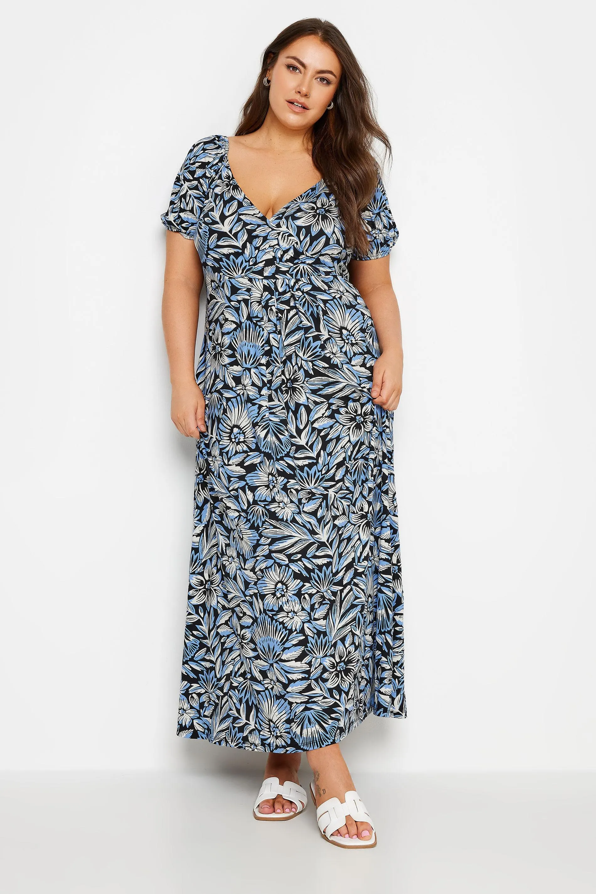 YOURS Curve Blue Floral Print Tiered Maxi Dress