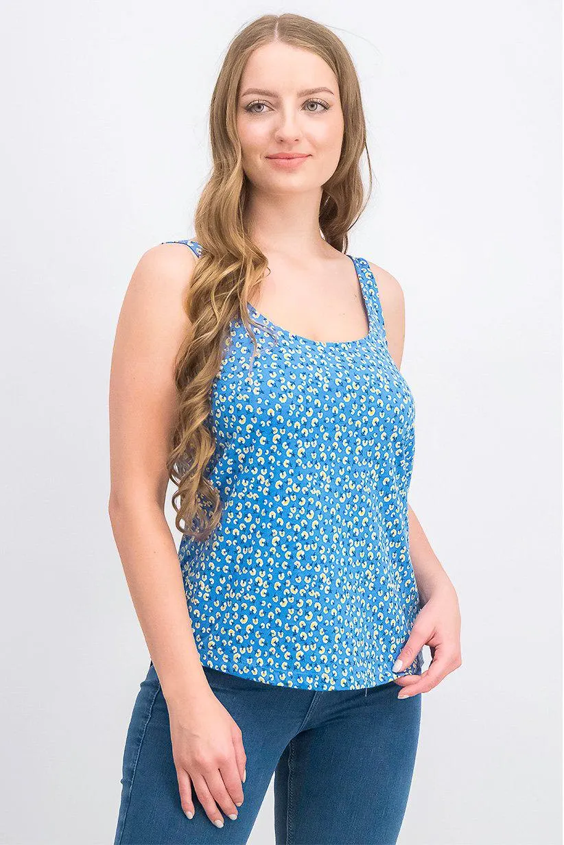 Women Scoop Neck Sleeveless Floral Print Tank Top, Blue