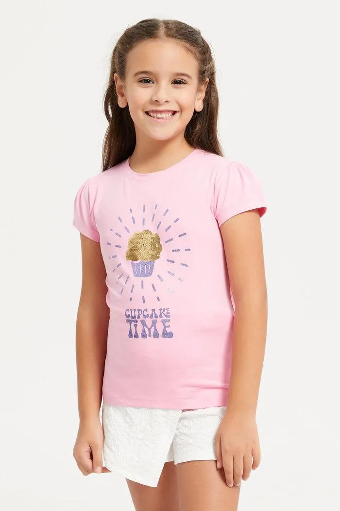 Girls Pink Cupcake Sequins T-Shirt