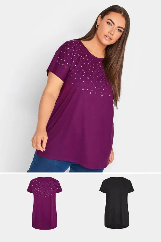 YOURS Curve 2 PACK Black & Purple Embellished T-shirts