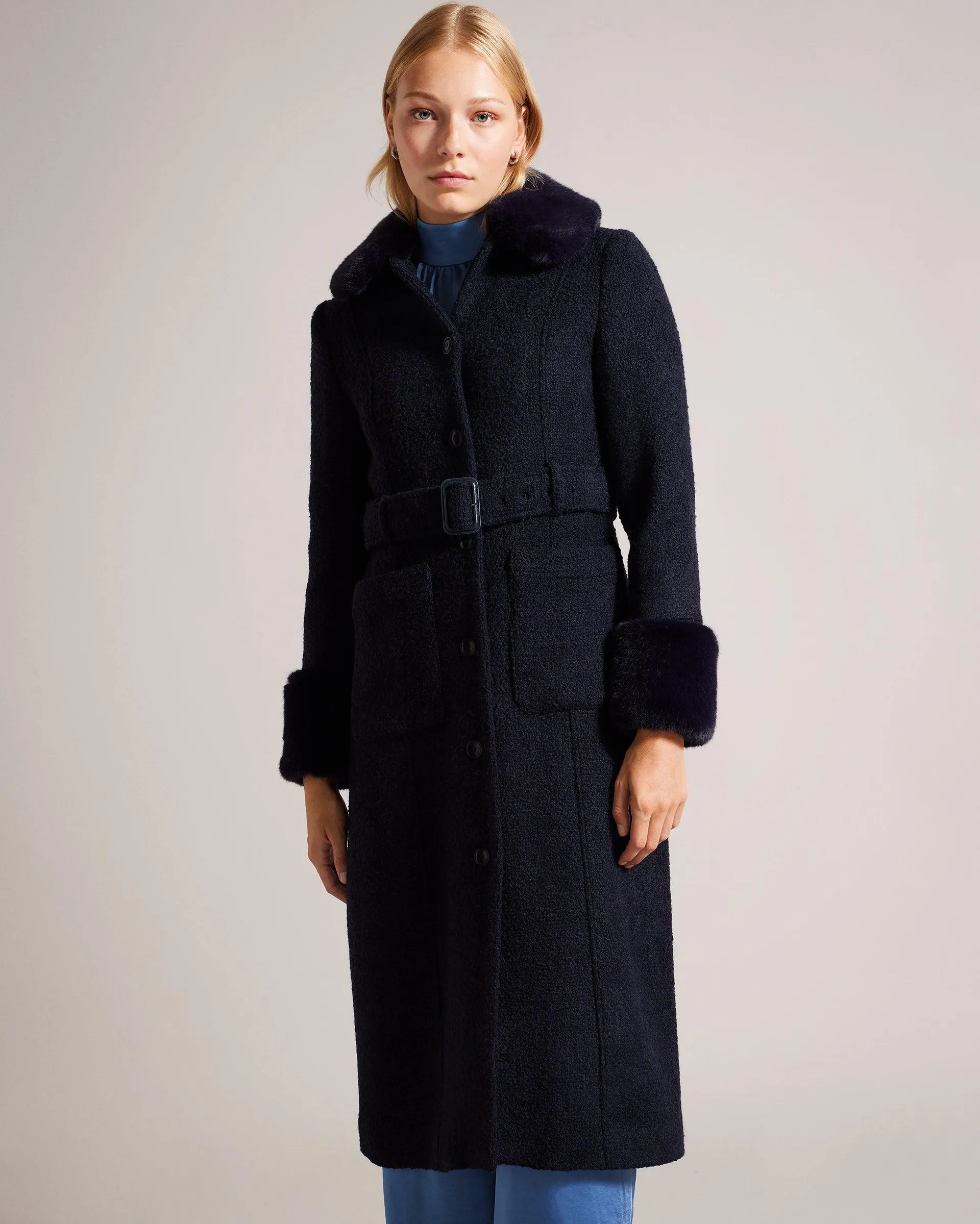 Lyddiia Longline Wool Blend Coat With Faux Fur Dk-Blue