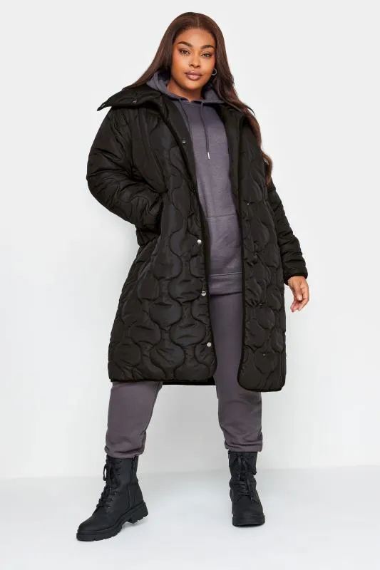 YOURS Curve Black Quilted Funnel Neck Coat