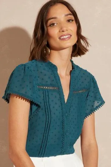 Love & Roses Dobby Spot Ruffle V Neck Flutter Sleeve Blouse