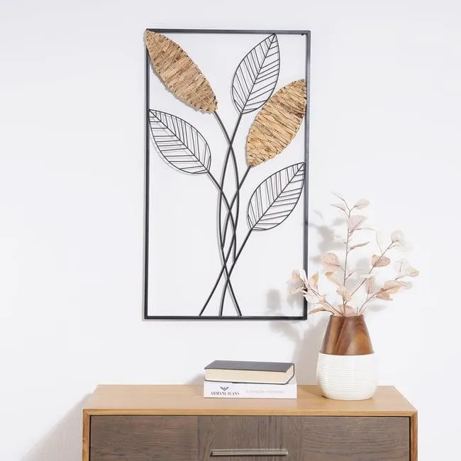 heather metal and grass wall decor with frame 51x3x90cm - black