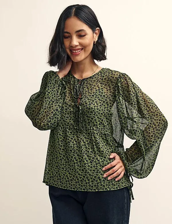 Floral Tie Front Blouson Sleeve Blouse