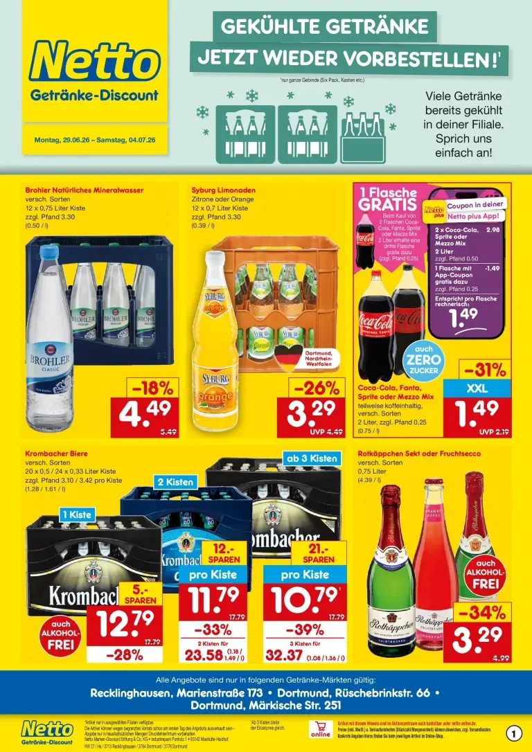 Netto Marken Discount - Dortmund Getränkeangebote Prospekt – von Montag 29.06.2026 bis Samstag 04.07.2026 von 29. Juni bis 4. Juli 2026 - Prospekt seite 1